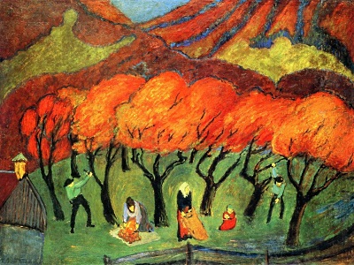 painting of workers in the orchard
