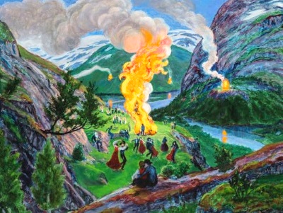 painting of midsummers eve bonfire with dancers