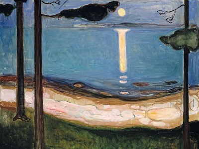 painting of a lake by moonlight by Edvard Munch