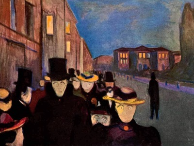 painting of people in a city