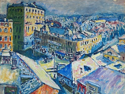 expressionist painting of a city