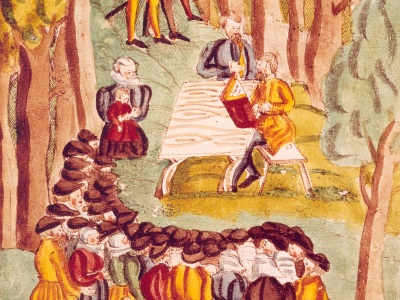 painting of an Anabaptist meeting in the woods
