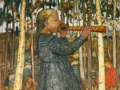 painting of a child blowing an instrument