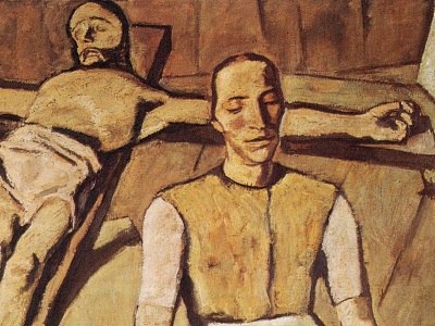 painting of mother and Christ on the cross