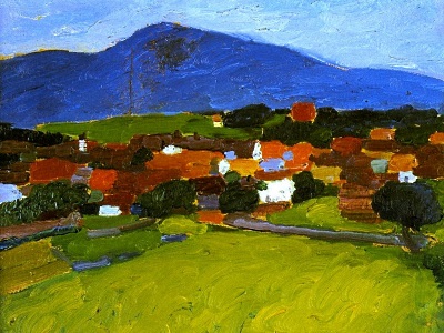 painting of houses on a hill